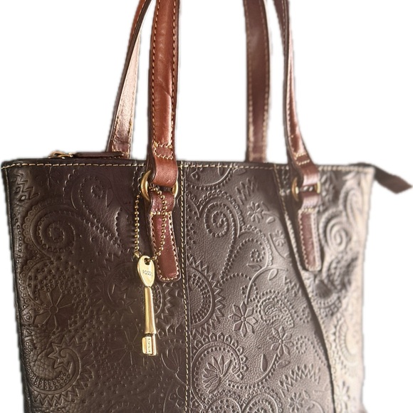 Fossil Handbags - Fossil Black Embossed Leather Satchel